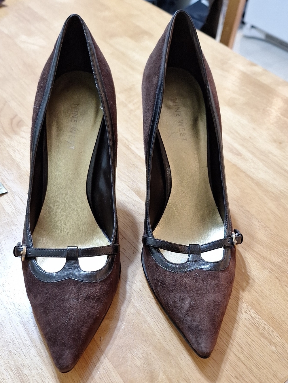Nine West Dark Brown Suede Pointed-Toe Strap Pumps